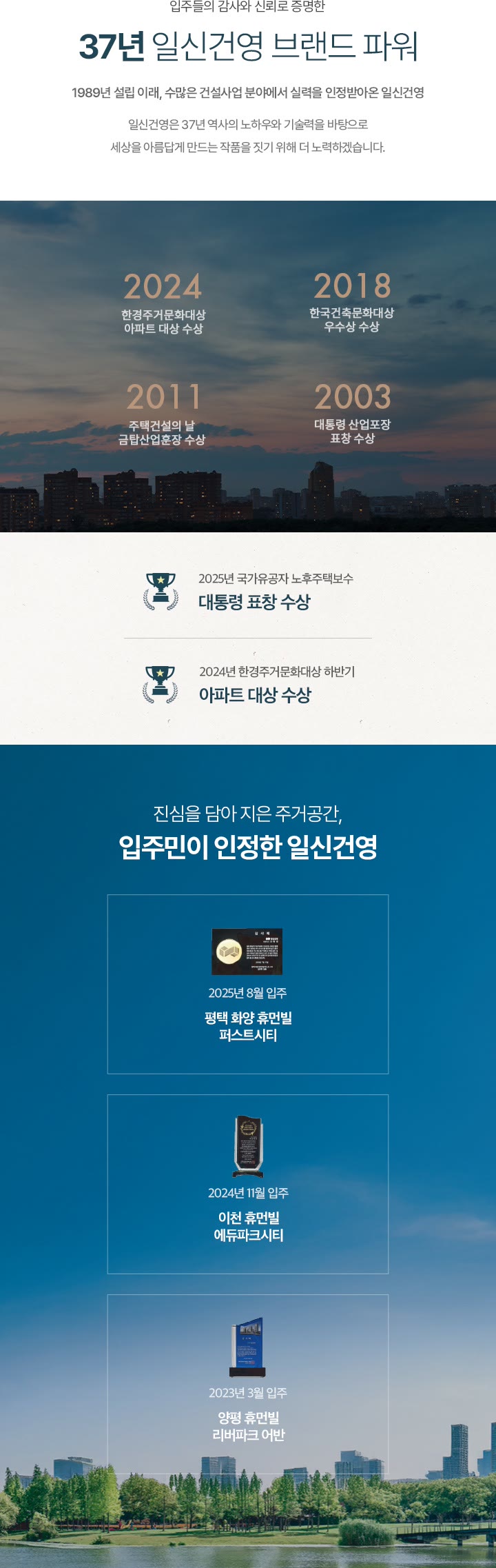 37년 일신건영 브랜드 파워 — 일신건영 휴먼빌 연혁·수상 내역(공식 홈페이지 브랜드 소개)