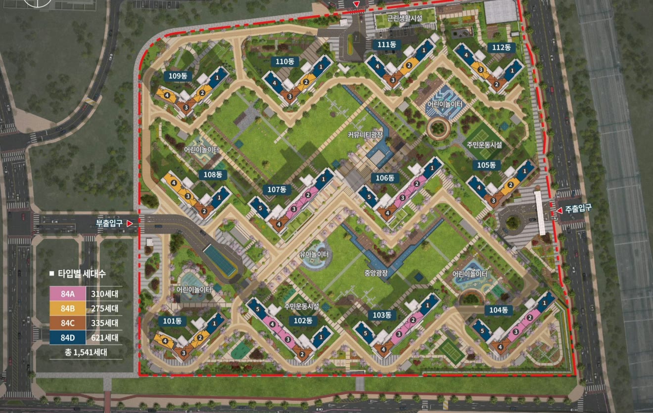 천안 휴먼빌 퍼스트시티 단지배치도 — 101동~112동, 84A 310 · 84B 275 · 84C 335 · 84D 621세대